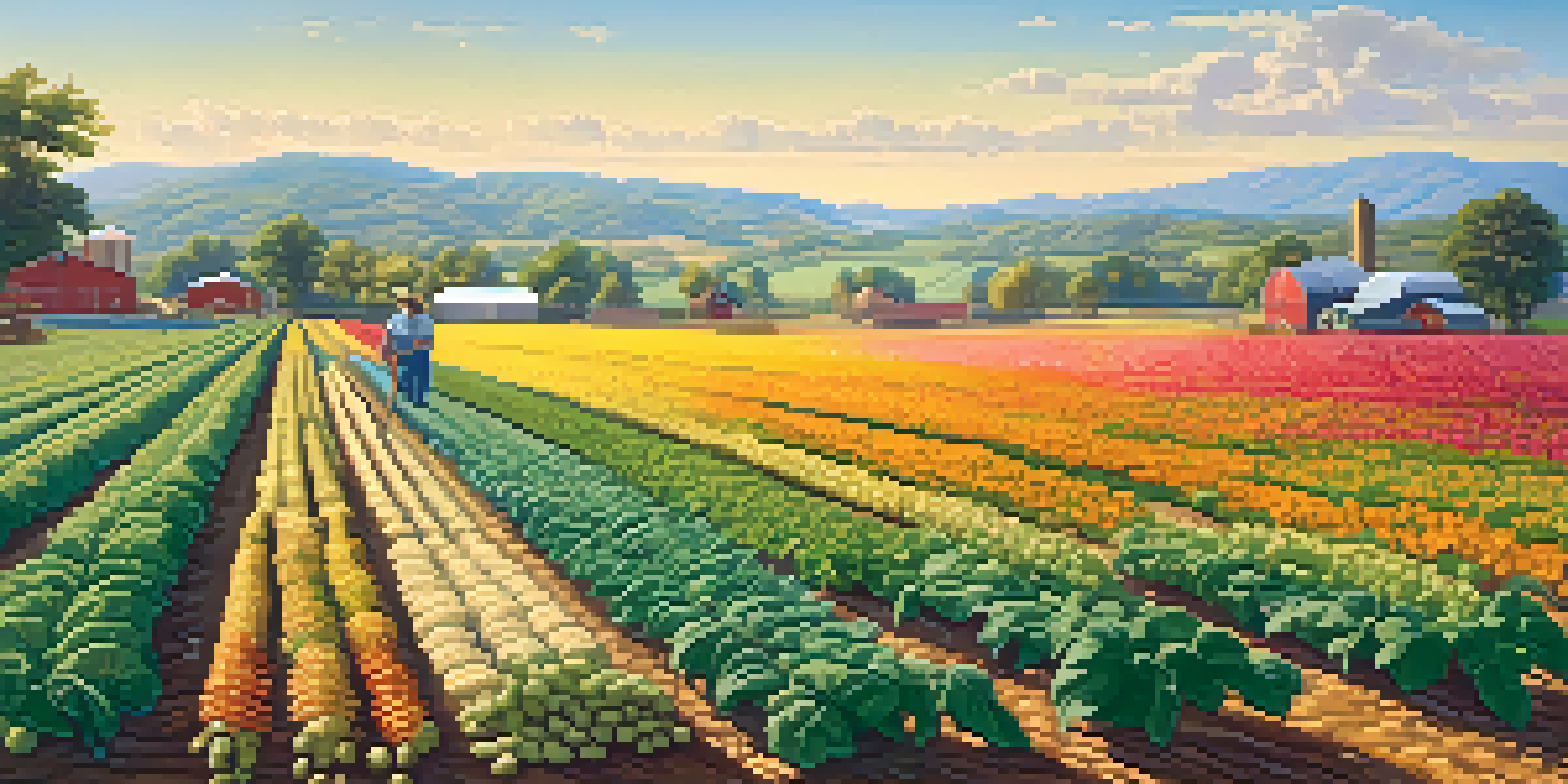 A colorful agricultural landscape in Georgia with various crops like cotton and soybeans, a farmer working, and hills in the background under a sunny sky.