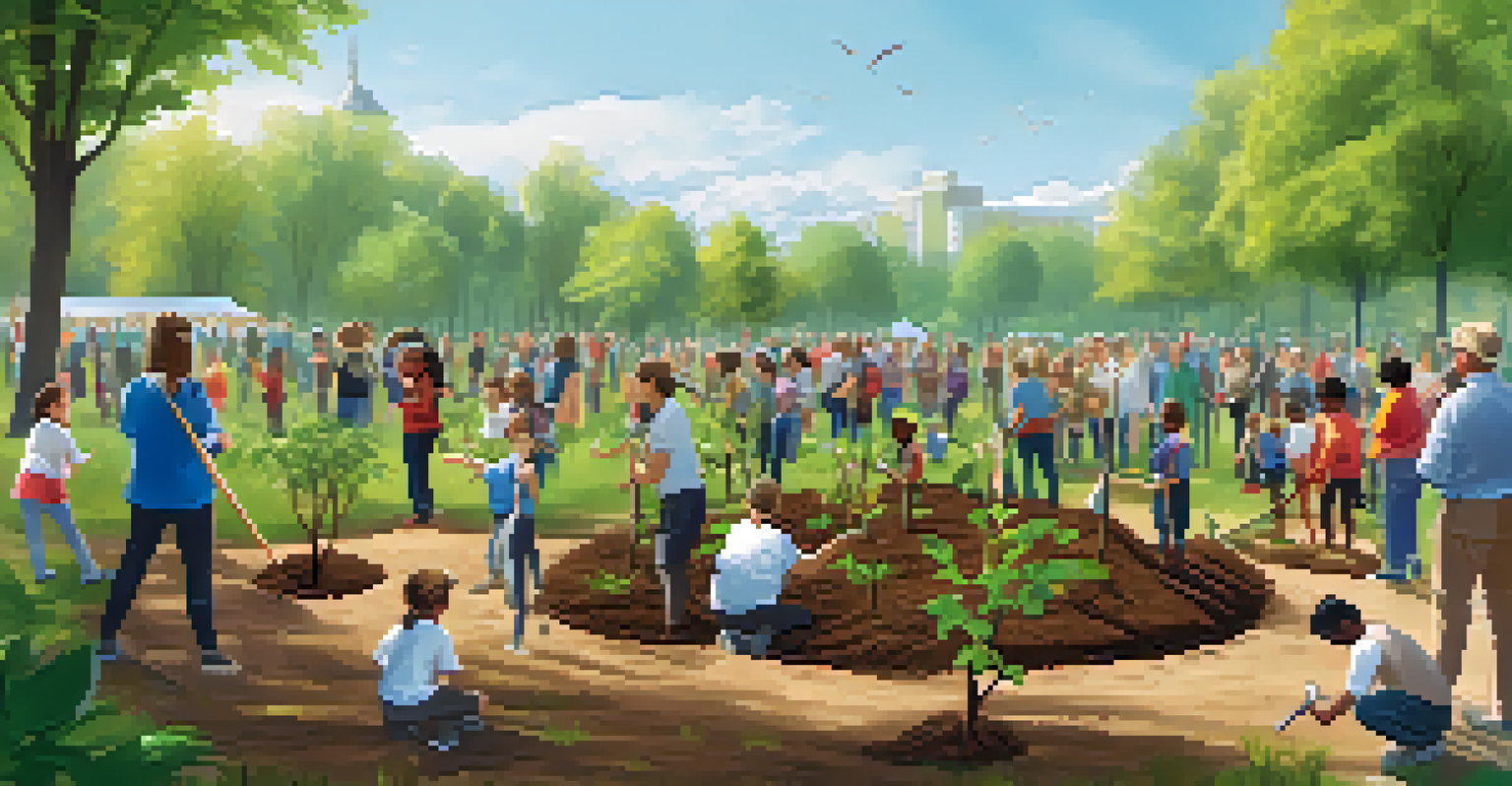Volunteers planting trees together in a park, promoting biodiversity conservation.
