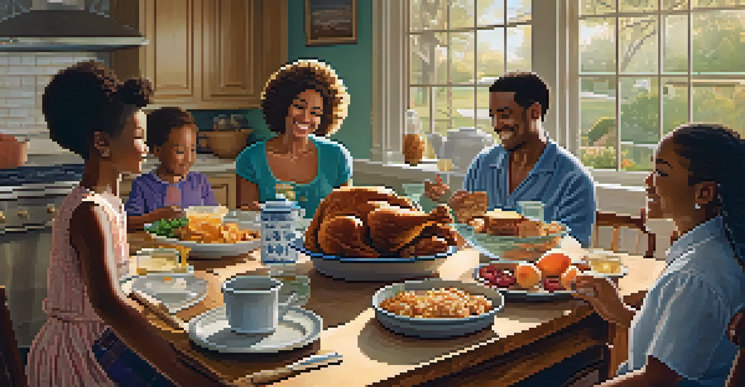 A warm kitchen scene with a family sharing a Southern meal, featuring fried chicken and peach cobbler, bathed in soft golden light.