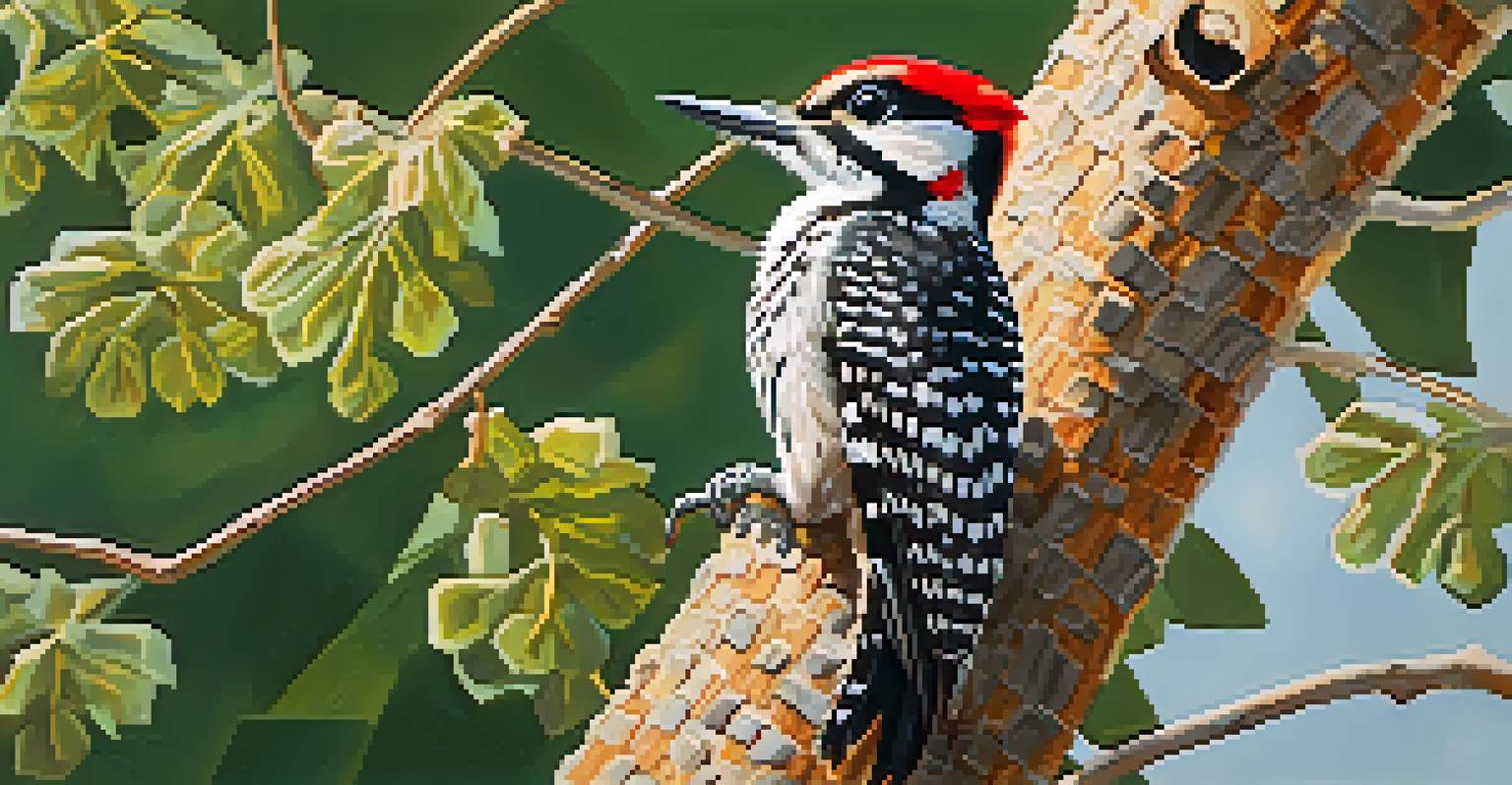 A close-up of a red-cockaded woodpecker on a tree in a suburban setting, with homes and greenery in the background, under soft evening light.