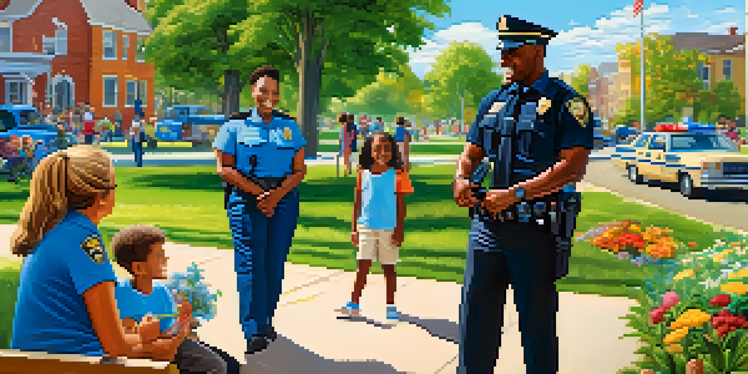 A police officer interacts with diverse community members in a sunny park, promoting trust and collaboration.