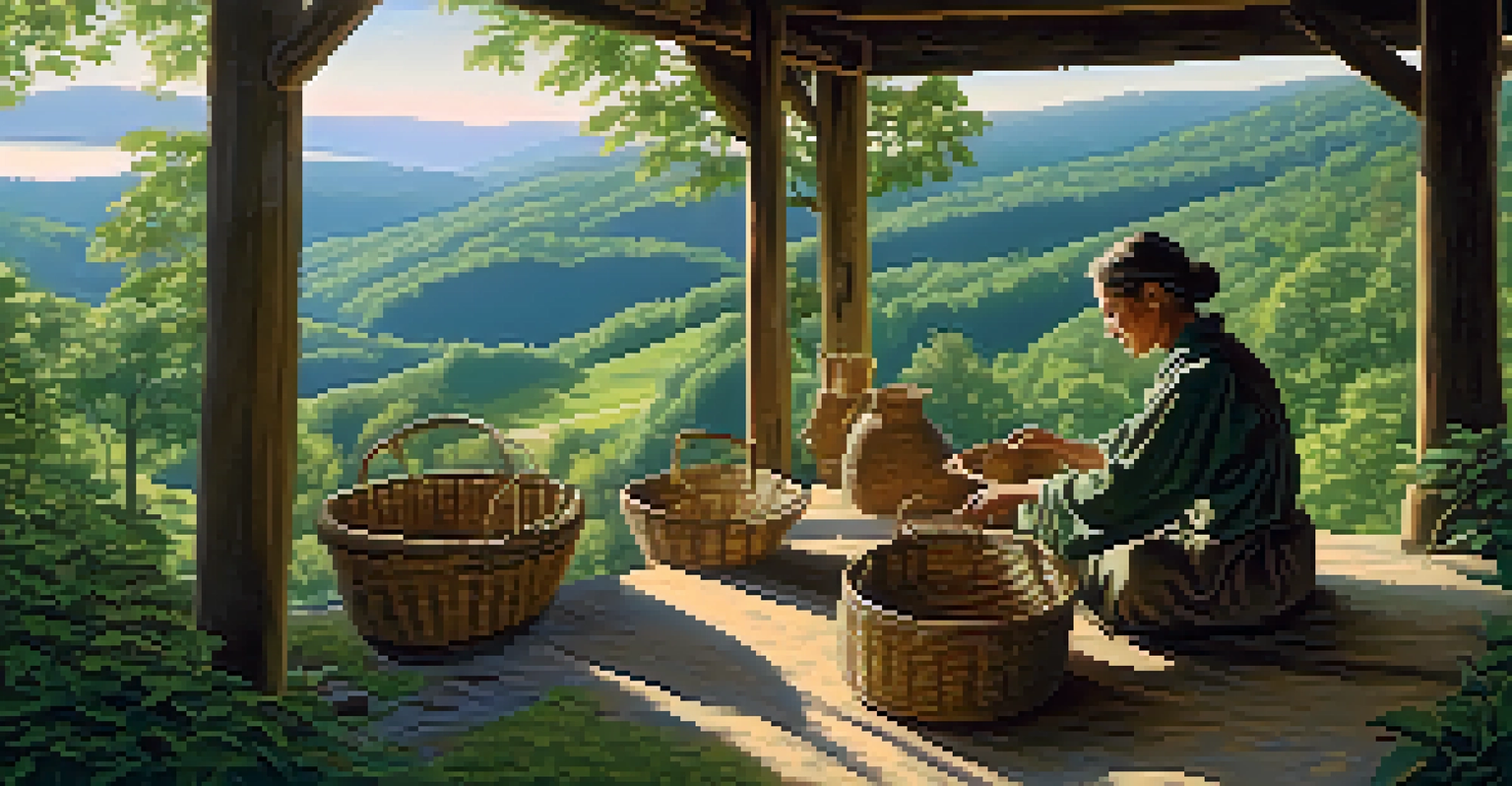 A peaceful Appalachian scene in Georgia with an artisan weaving a basket amidst a backdrop of rolling hills and trees.