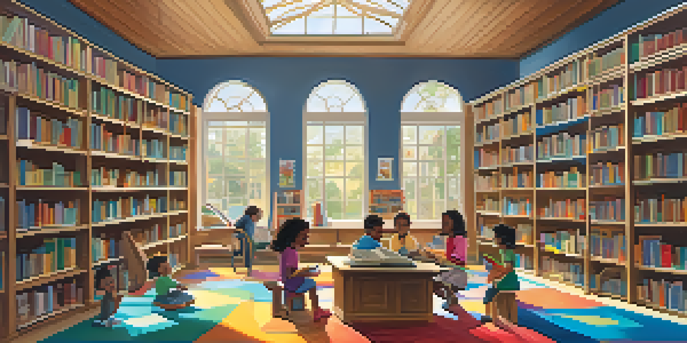 An inviting library interior with children participating in a storytime session led by a librarian, surrounded by colorful books and natural light.