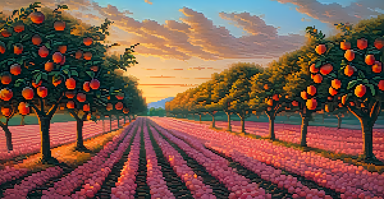 A scenic peach orchard at sunset with ripe peaches on trees and fallen fruit on the ground.
