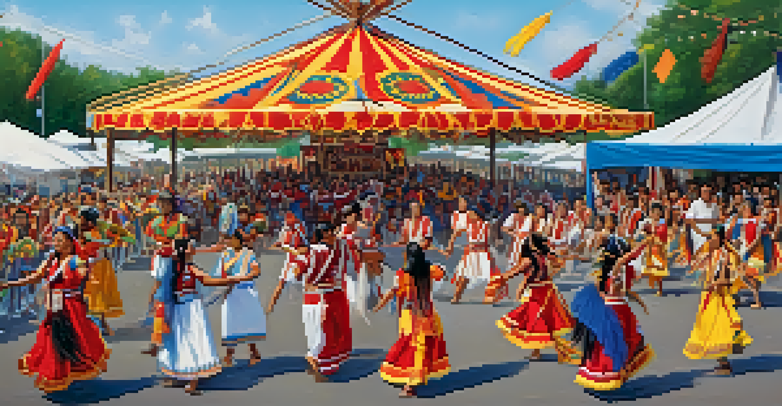 Dancers in traditional costumes performing at the Cherokee Indian Festival, with colorful stalls and a lively crowd in the background.