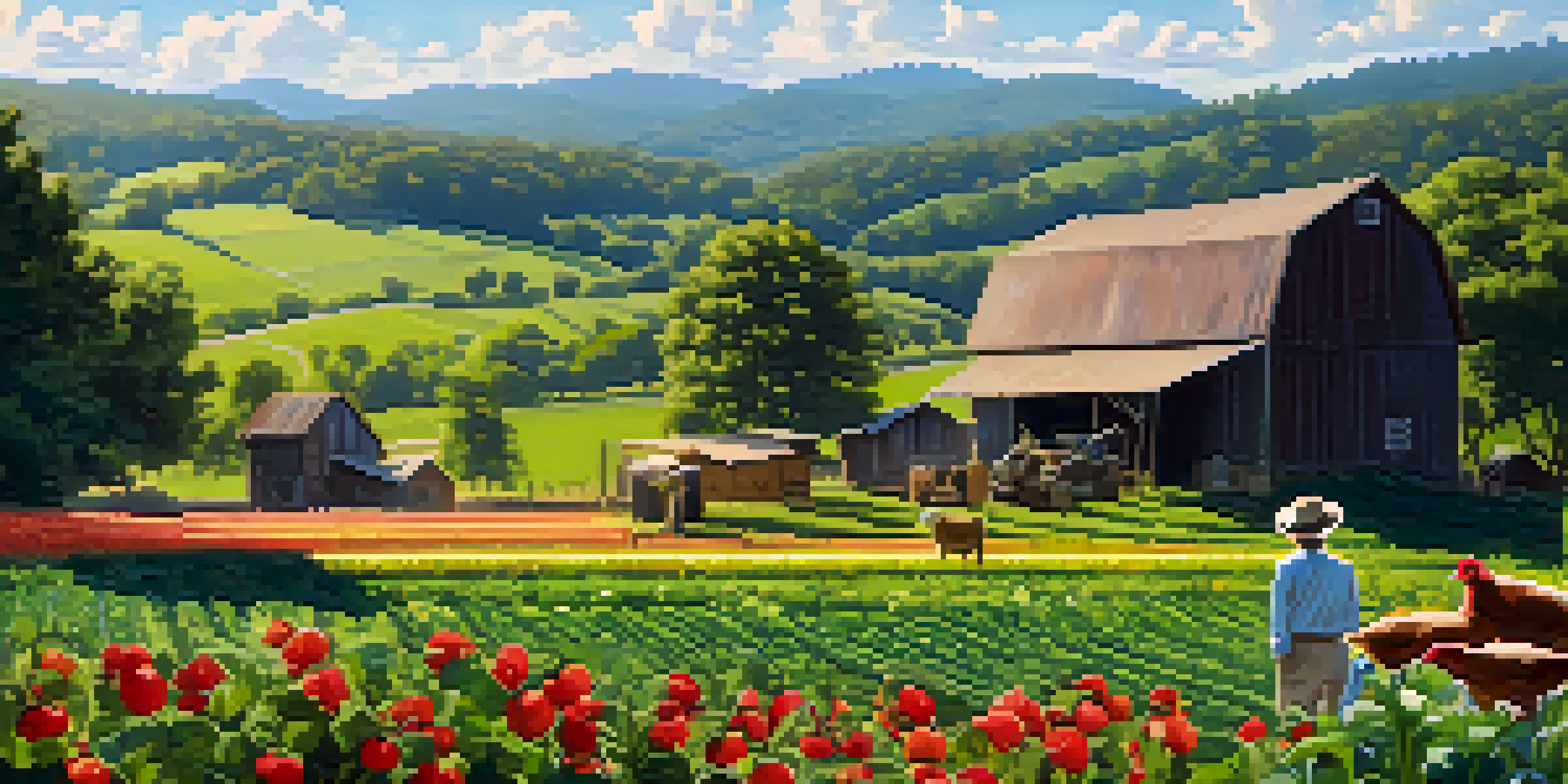 A Georgia farm with sustainable agriculture practices, featuring healthy vegetables, flowers, a farmer checking soil moisture, and chickens in a scenic landscape.