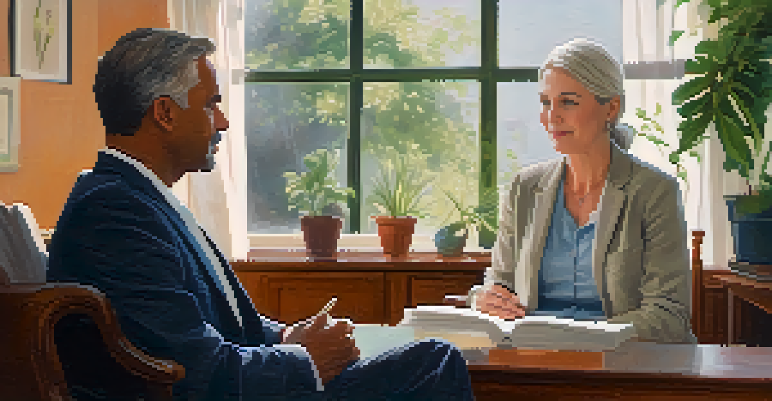 A veteran in a counseling session with a therapist in a cozy office, engaging in a heartfelt conversation.