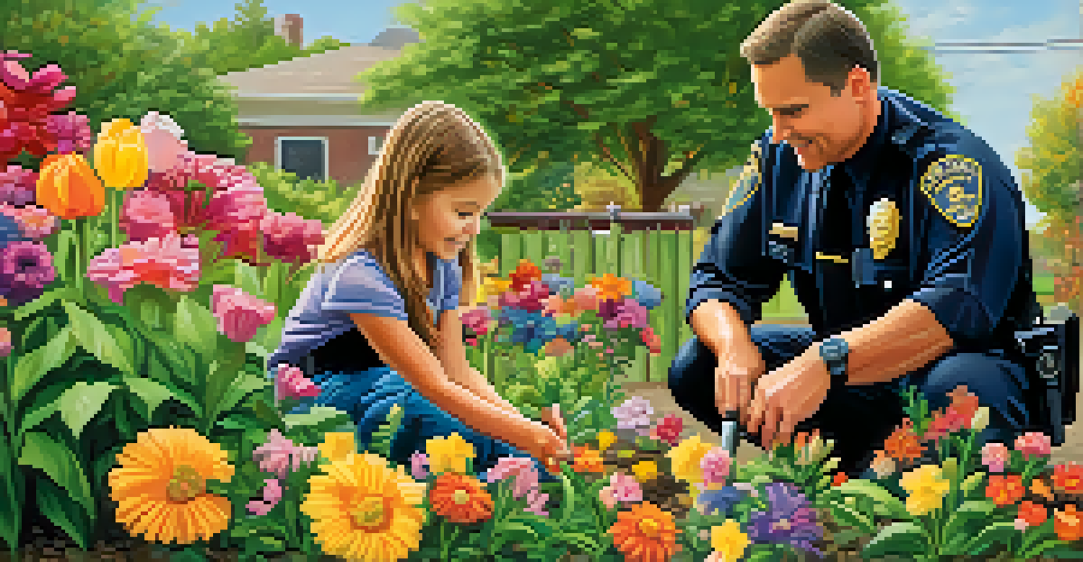 A police officer and a child planting flowers together in a community garden, representing trust and collaboration.