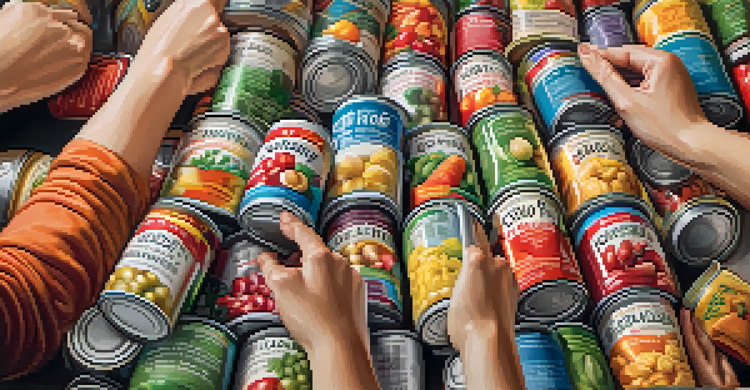 Close-up of hands sorting canned goods in a food bank, emphasizing community support and volunteer work against hunger.