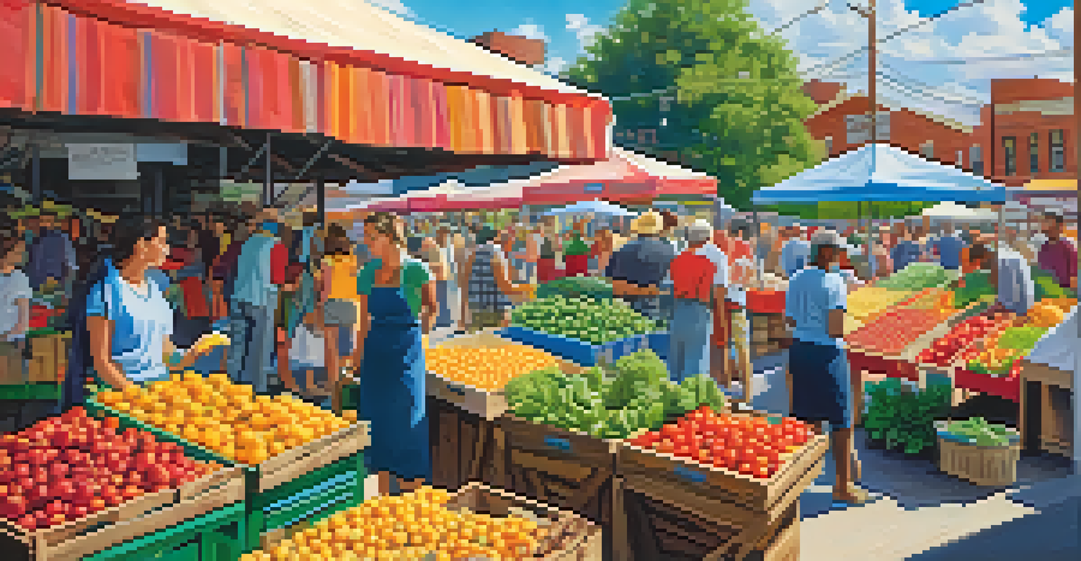 A busy farmer's market in Georgia, featuring colorful organic produce and local farmers interacting with customers under a sunny sky.