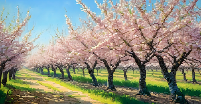 A peach orchard in Georgia with blooming trees and a basket of fresh peaches.