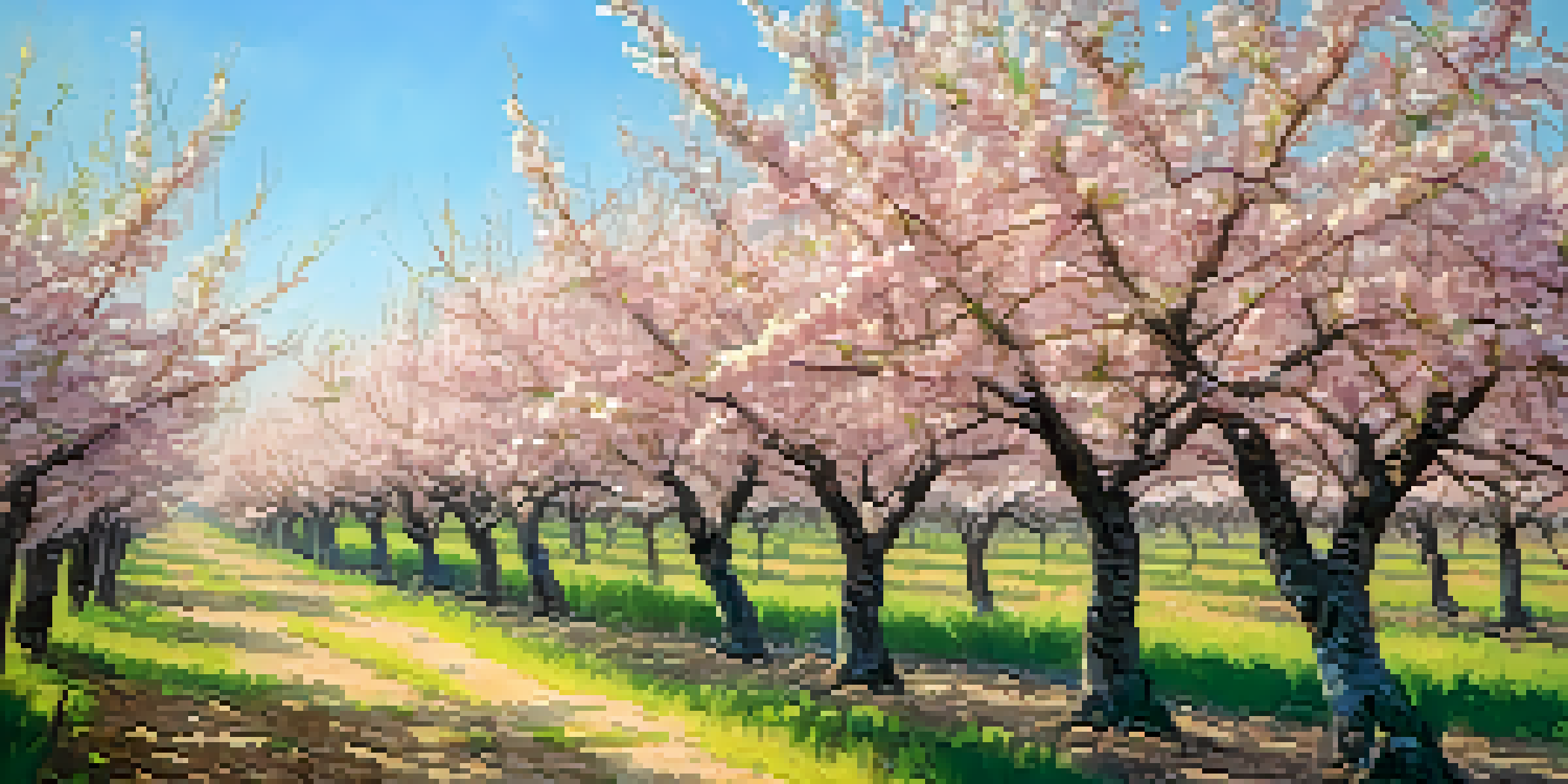 A peach orchard in Georgia with blooming trees and a basket of fresh peaches.