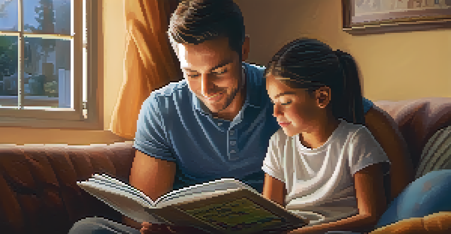 A parent reading a story to their child in a cozy home setting, surrounded by books and soft cushions, highlighting the importance of family involvement in education.