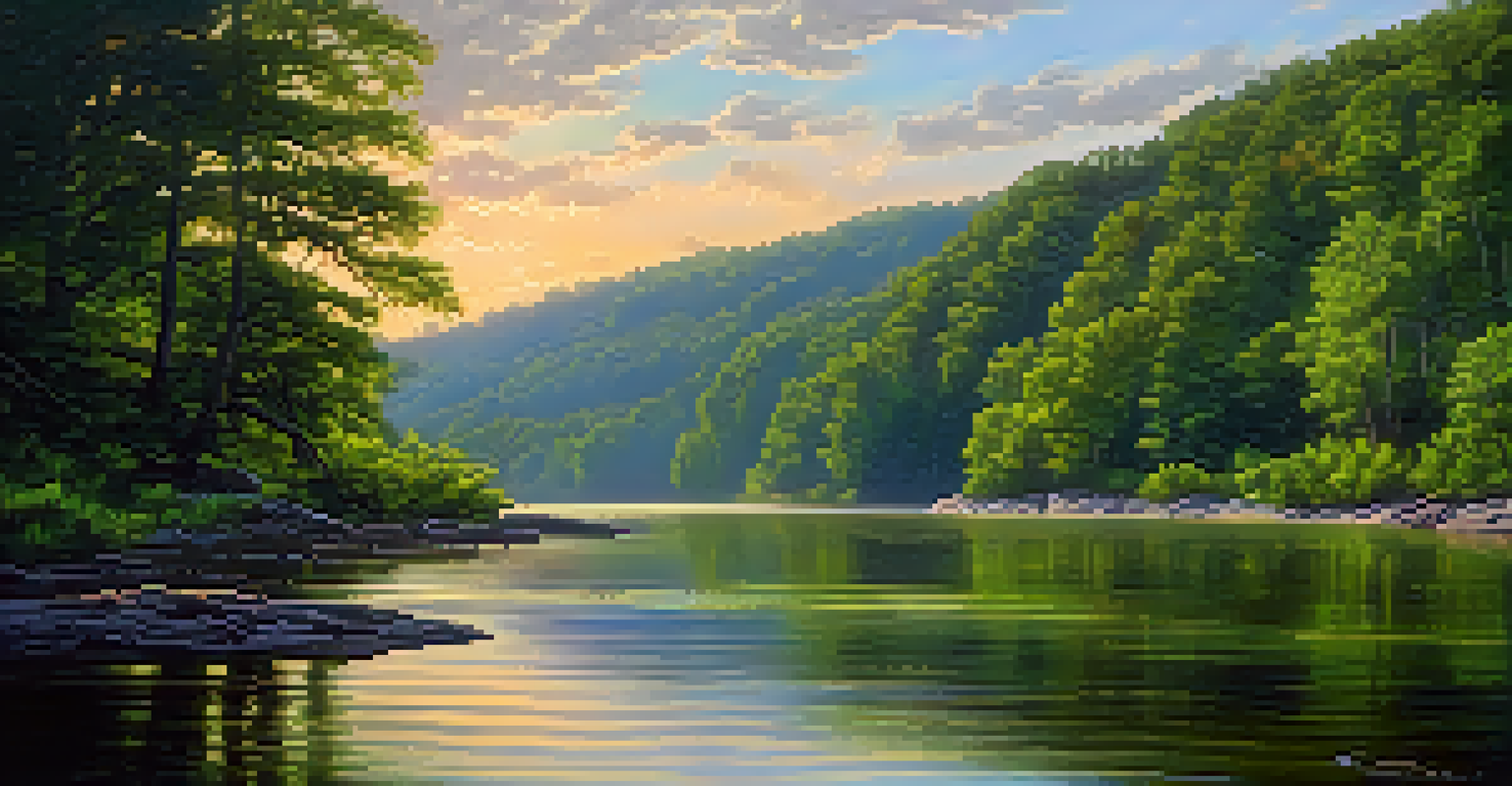 The Chattahoochee River National Recreation Area in Georgia, featuring flowing water, green hills, and vibrant wildflowers at sunset.
