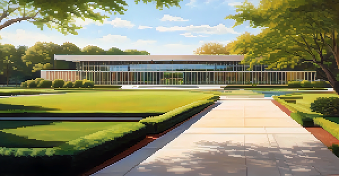 A modern building with large glass windows surrounded by lush gardens, illuminated by warm sunlight.