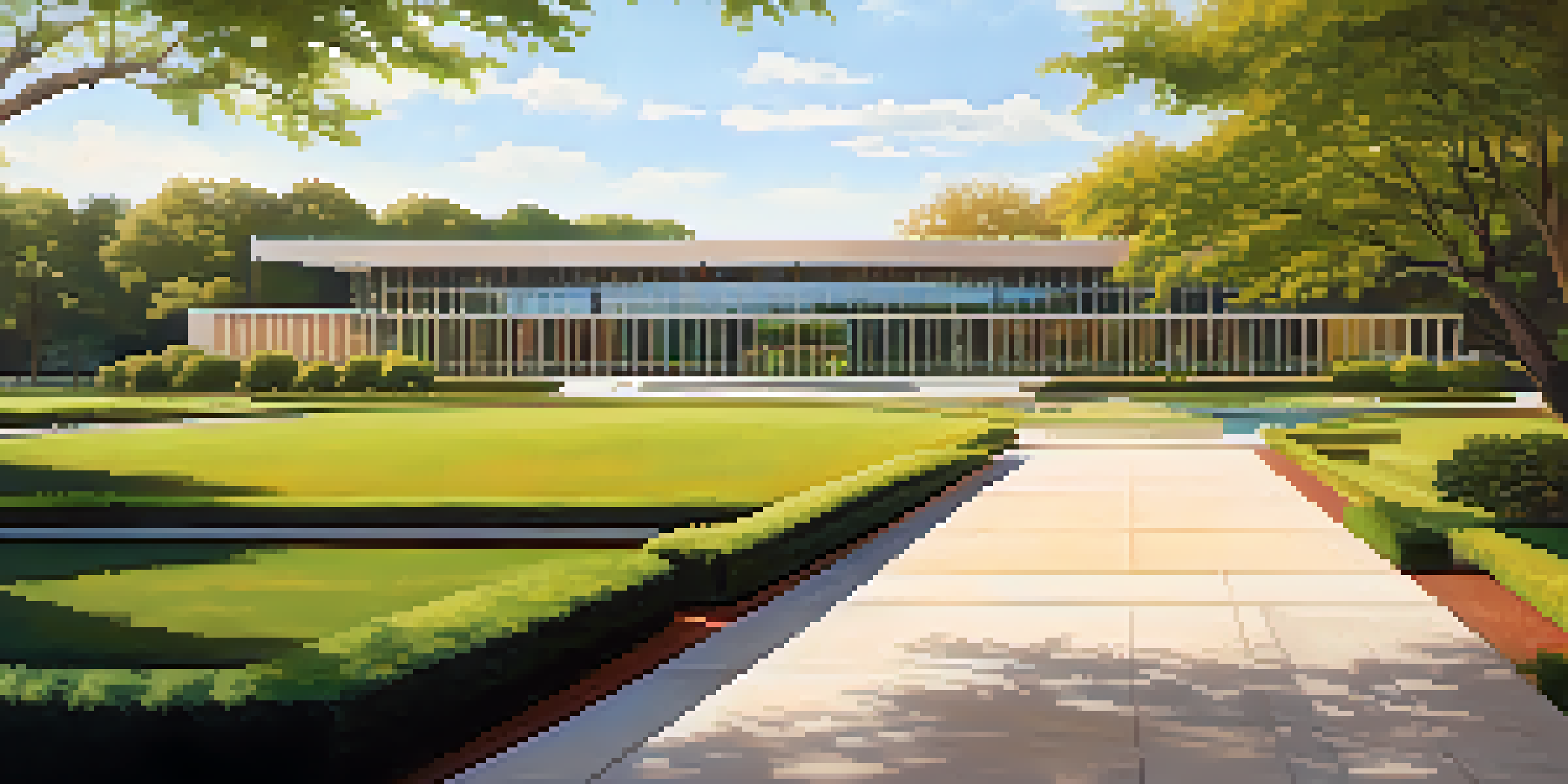 A modern building with large glass windows surrounded by lush gardens, illuminated by warm sunlight.