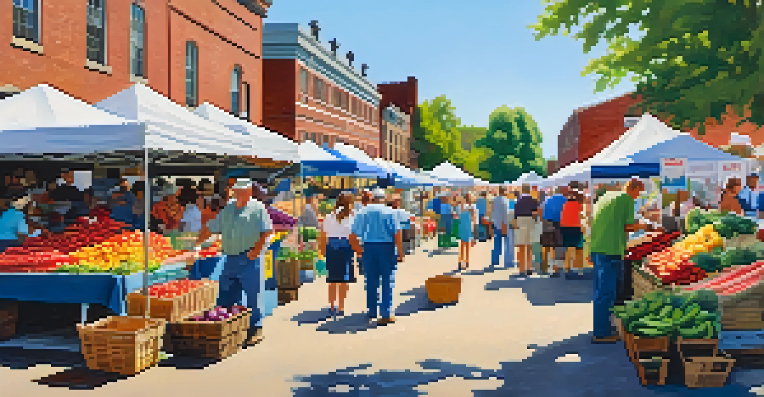 A lively farmers' market in Georgia filled with fresh produce, colorful stalls, and people enjoying the sunny day.