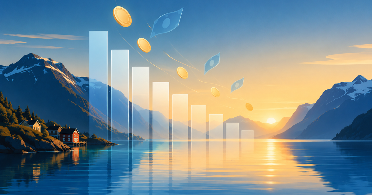 Illustration of Norway’s 2027 tax proposal with a Norwegian fjord at dawn, a descending bar chart, and floating financial symbols in blue and gold tones.