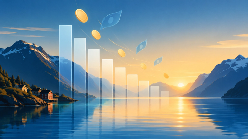 Illustration of Norway’s 2027 tax proposal with a Norwegian fjord at dawn, a descending bar chart, and floating financial symbols in blue and gold tones.
