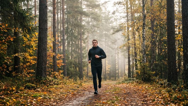 A man in black running gear and a sports watch jogging down a leaf-covered forest trail in autumn, surrounded by tall pine trees and soft morning mist.