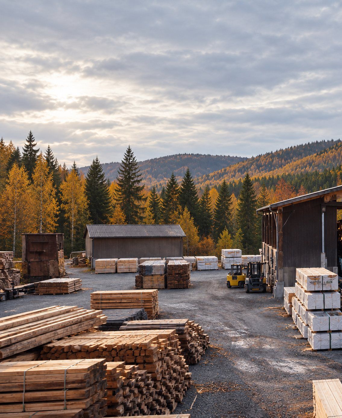 Sagbruket med trelast og skog i bakgrunnen