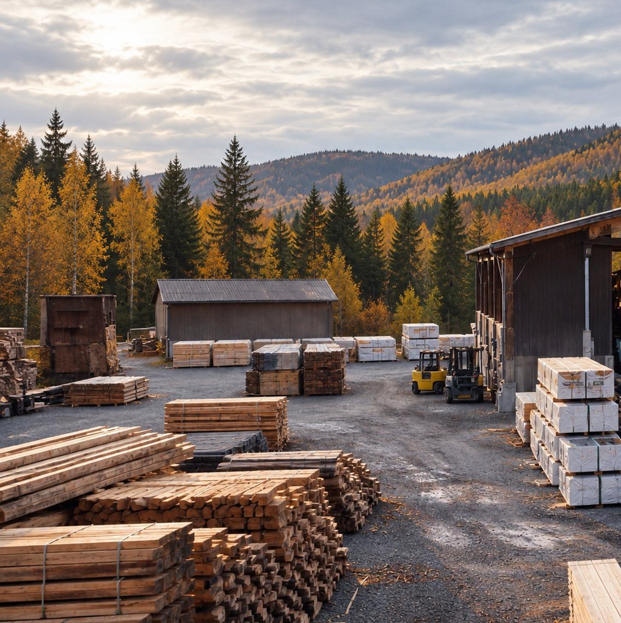 Sagbruket med trelast og skog i bakgrunnen
