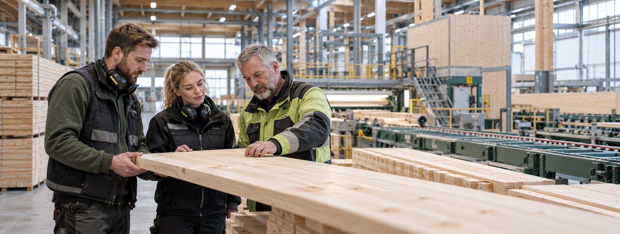 Tre ansatte ser på et bord i produksjonshallen