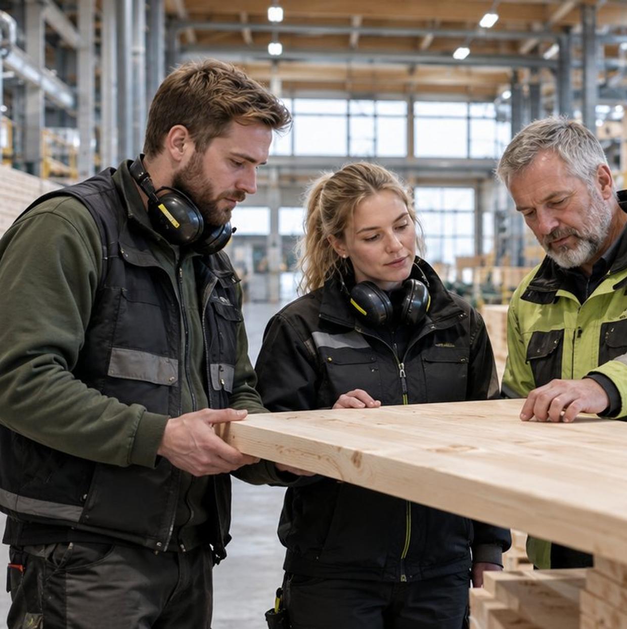 Tre ansatte ser på et bord i produksjonshallen