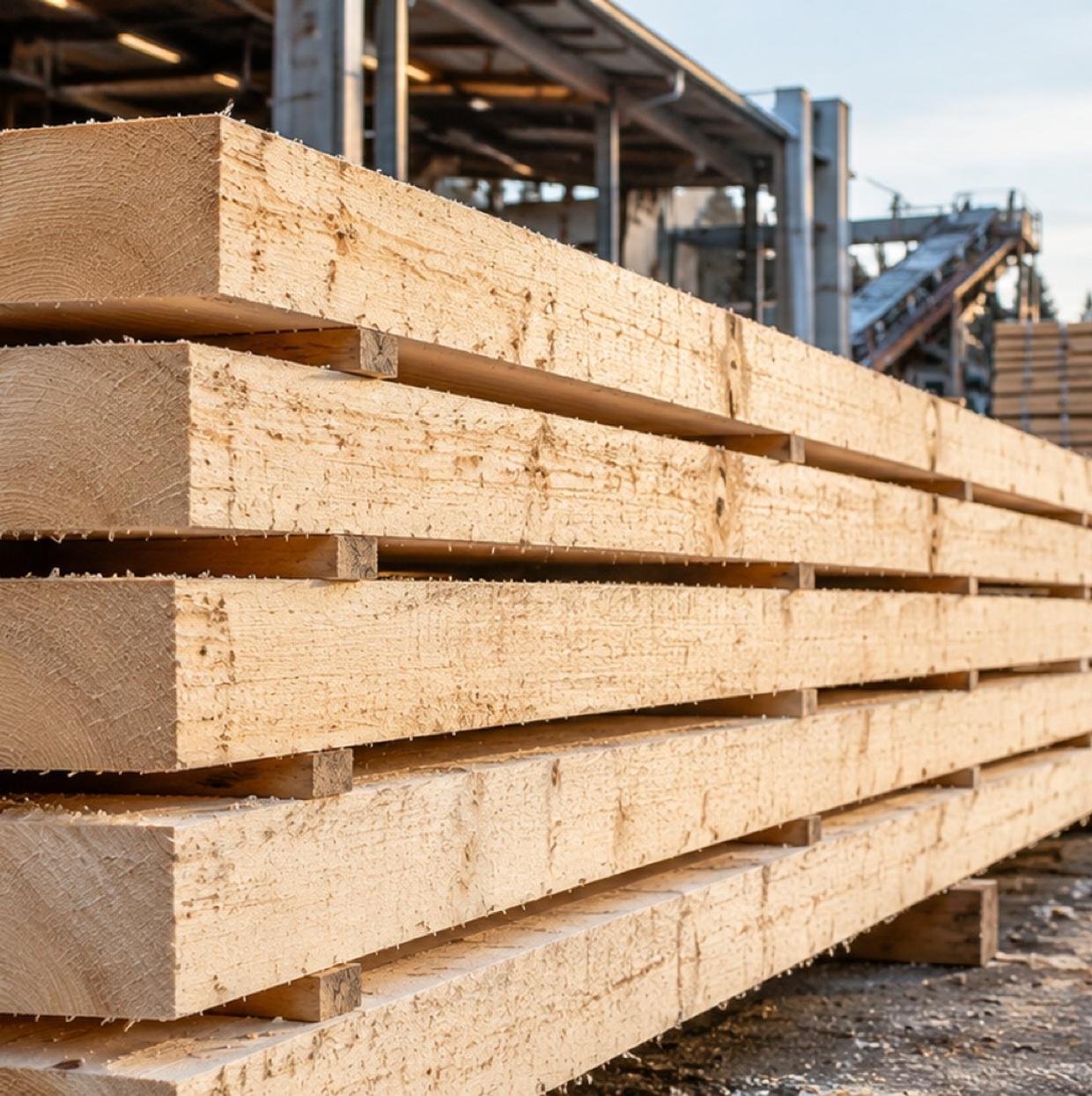Lumbra sawmill with timber stacked outdoors
