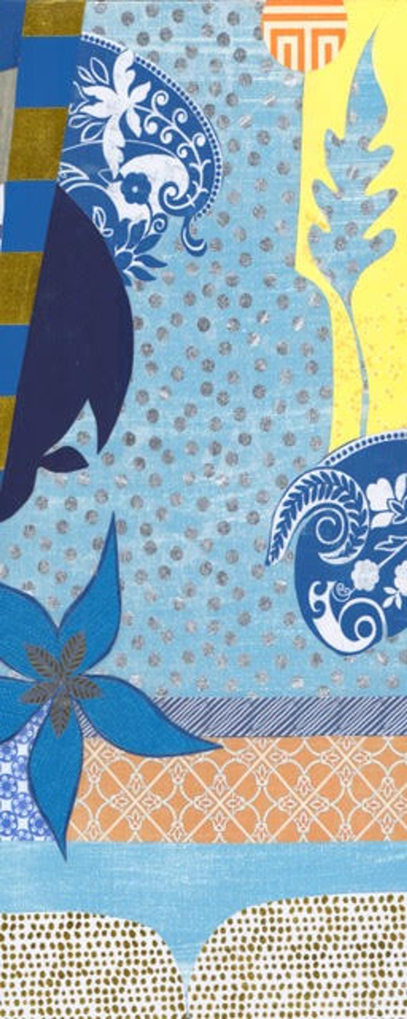 Second Nature collage: blue-and-white paisley medallions, a blue star flower and yellow accents on silver-dotted pale blue