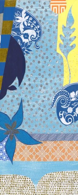 Second Nature collage: blue-and-white paisley medallions, a blue star flower and yellow accents on silver-dotted pale blue