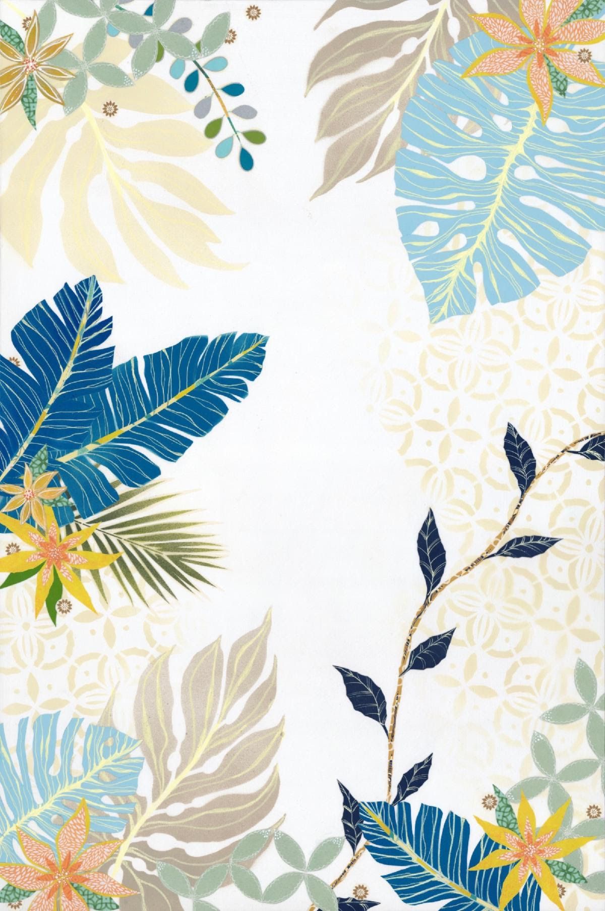 Jungle Love: hand-cut paper collage of blue banana leaves, pale monstera, and gold star flowers on a lattice-stenciled white ground