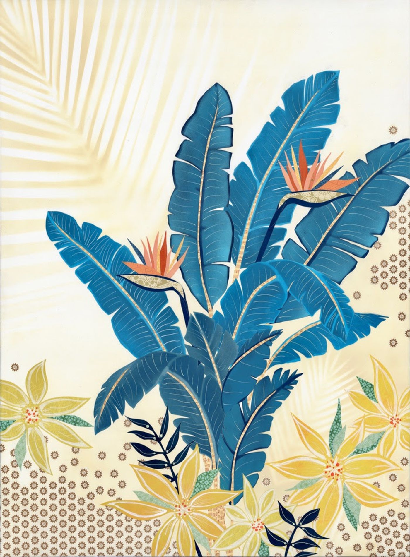 My Blue Heaven: blue banana leaves and bird of paradise blooms over yellow flowers and patterned papers