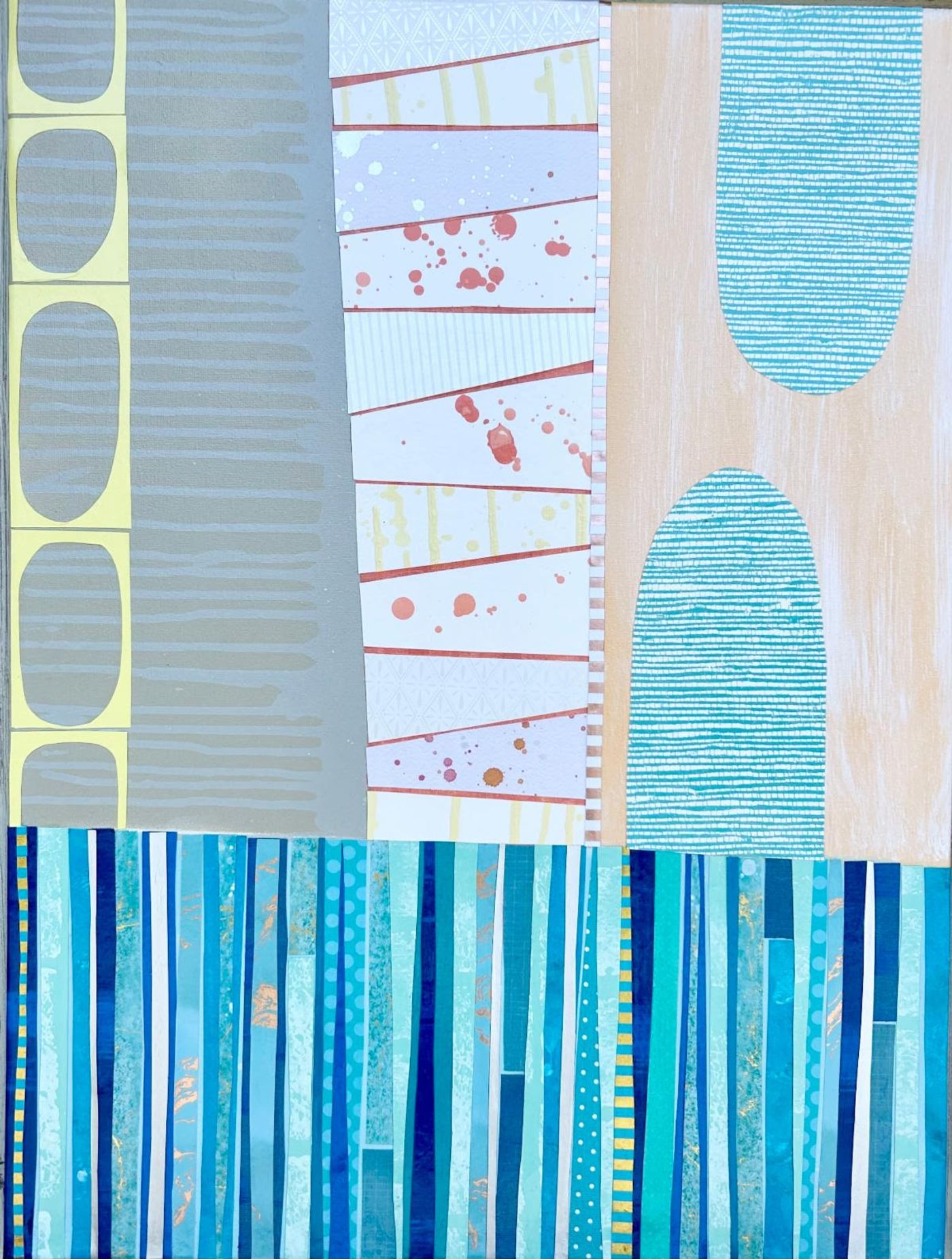 Bimini Babe, an abstract collage of gray, citron, and splatter-patterned columns above a field of blue and teal paper stripes