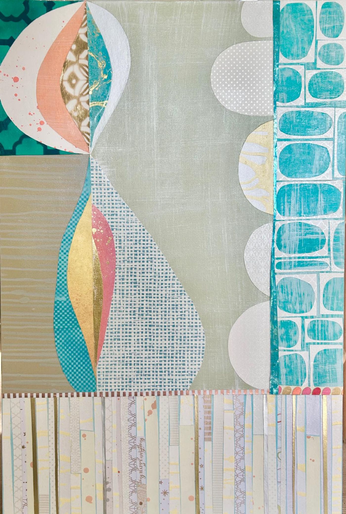 Bahama Mamma, a vertical abstract collage of teardrop shapes in peach, teal, and gold over sage, with striped papers along the bottom