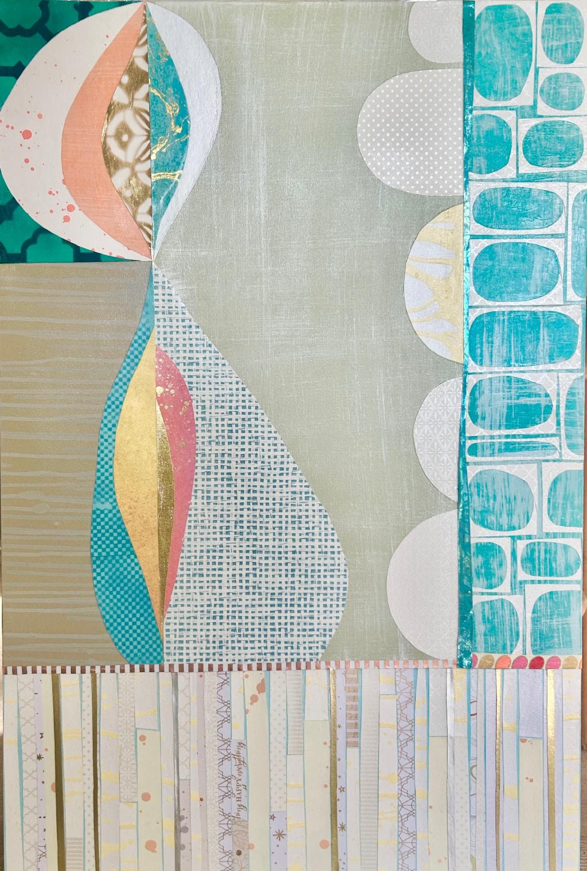 Bahama Mamma, a vertical abstract collage of teardrop shapes in peach, teal, and gold over sage, with striped papers along the bottom