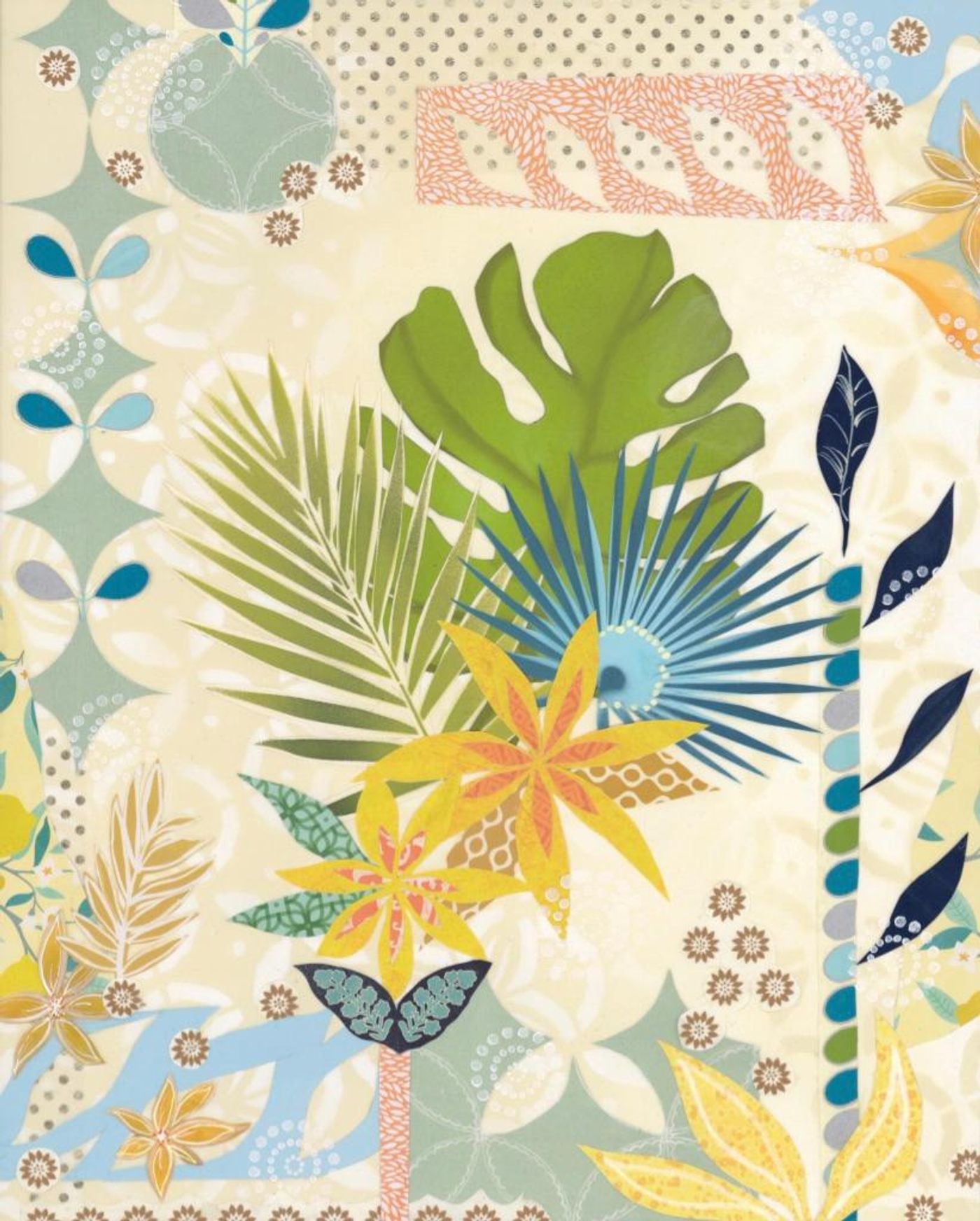 Jennifer in her studio holding two new cut-paper collages — coral blossoms, blue and sage leaves on warm cream backgrounds