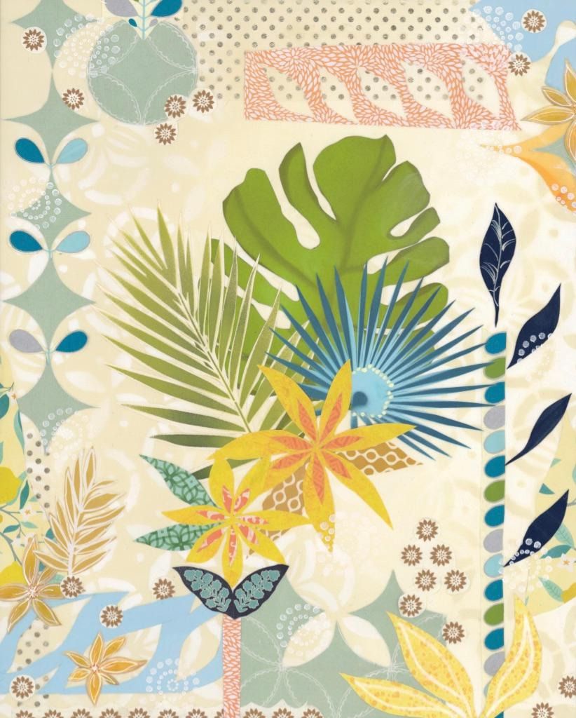 Jennifer in her studio holding two new cut-paper collages — coral blossoms, blue and sage leaves on warm cream backgrounds