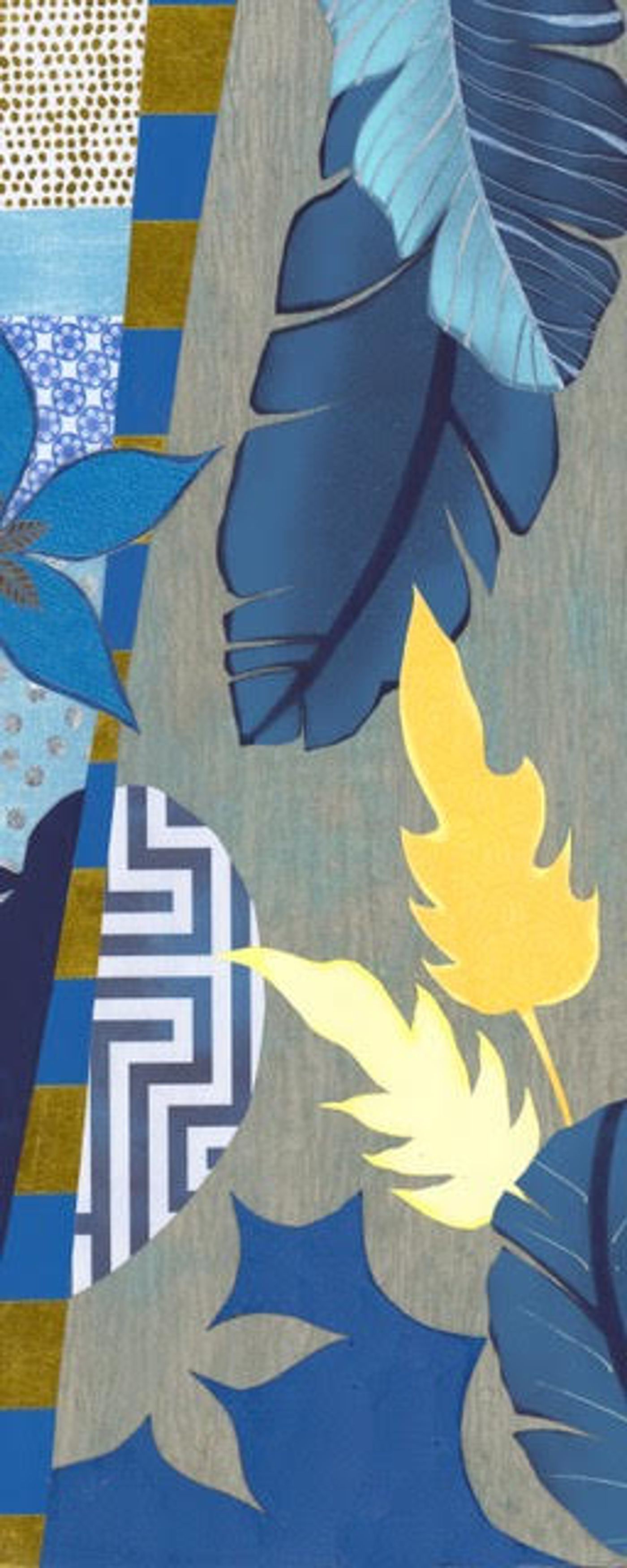 Mother Nature collage: deep blue banana leaves and golden-yellow leaves over gray-blue, Greek key and gold-checked papers