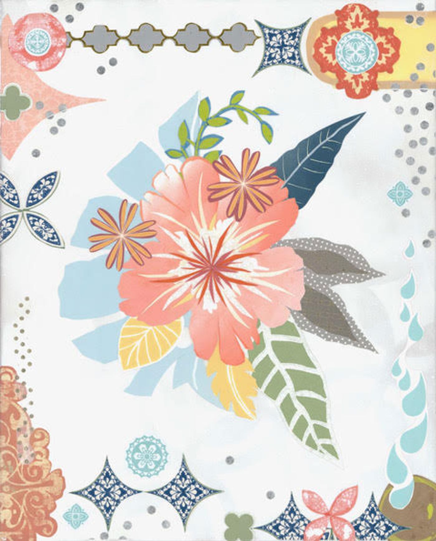 Everything is Rosey — collage of a blush hibiscus with coral starburst blooms, green and navy leaves, and medallion-patterned corners