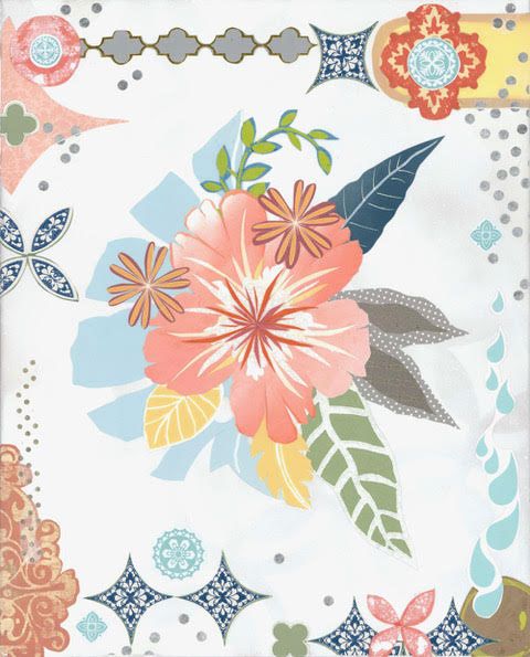 Everything is Rosey — collage of a blush hibiscus with coral starburst blooms, green and navy leaves, and medallion-patterned corners