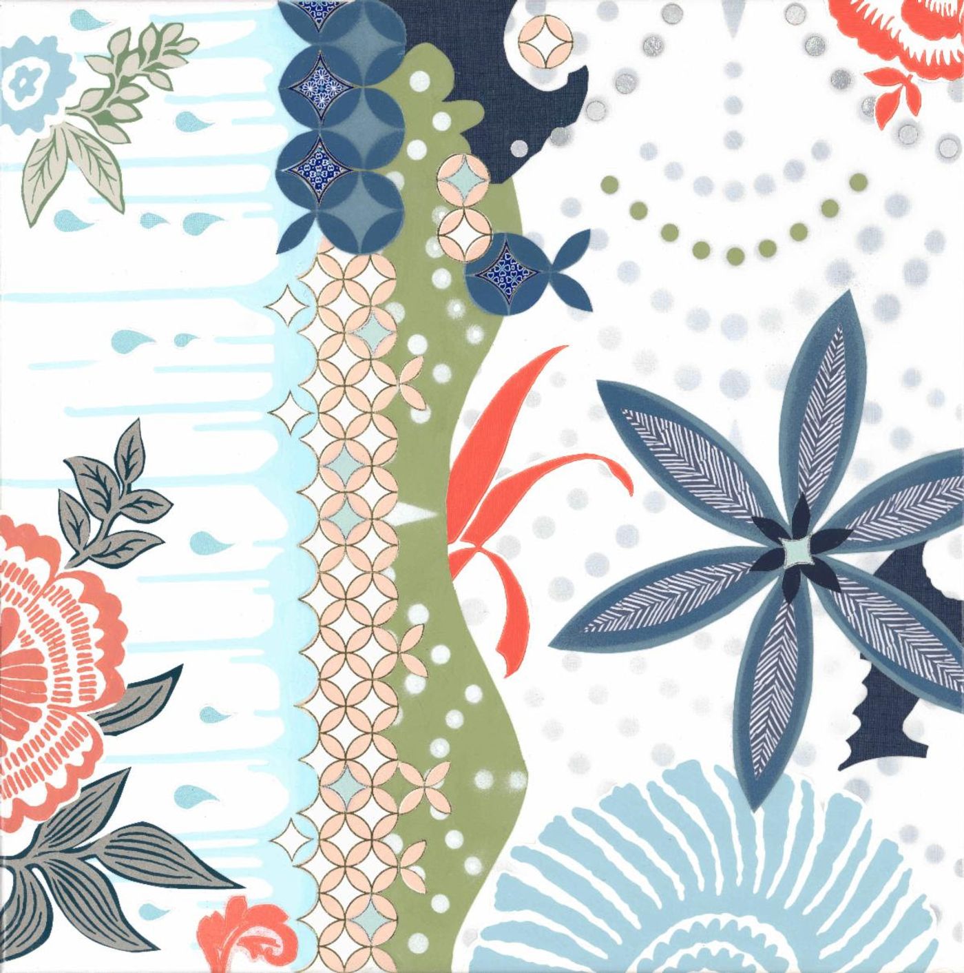 Wild at Heart — square collage of herringbone-paper flowers, coral blooms and a winding olive band dotted with white