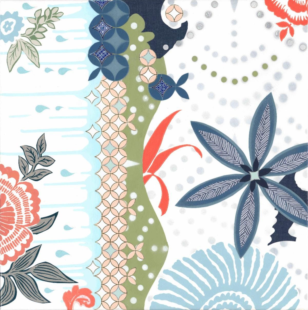Wild at Heart — square collage of herringbone-paper flowers, coral blooms and a winding olive band dotted with white