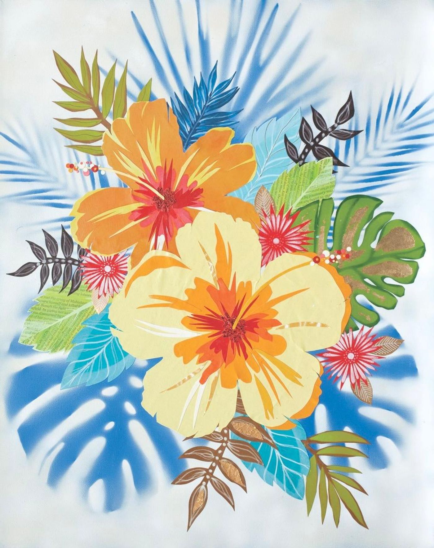 Flower Power, an orange and cream hibiscus collage with red starburst blooms over blue palm-frond shadows
