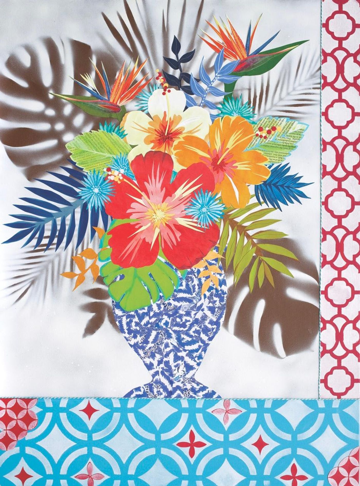 Beautiful but Brief collage: hibiscus and birds of paradise in a blue-and-white vase, palm shadows and tile-pattern borders