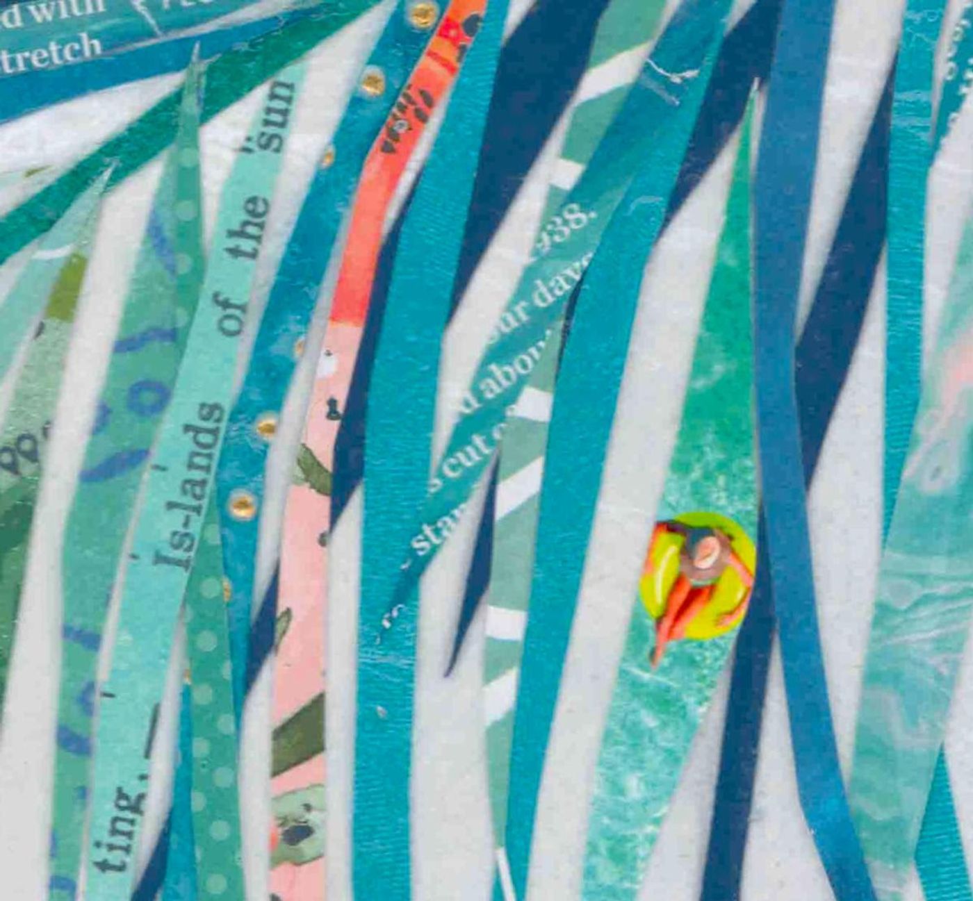 Detail of teal cut-paper fronds with 'Islands of the sun' text and a tiny figure floating on a yellow raft in open water