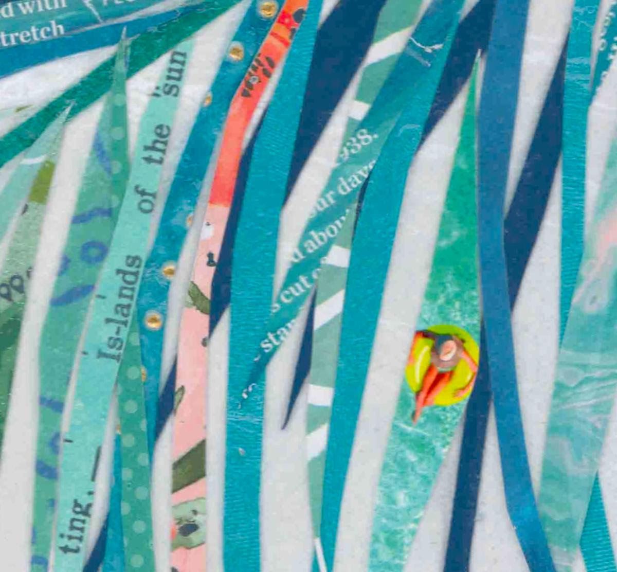 Detail of teal cut-paper fronds with 'Islands of the sun' text and a tiny figure floating on a yellow raft in open water