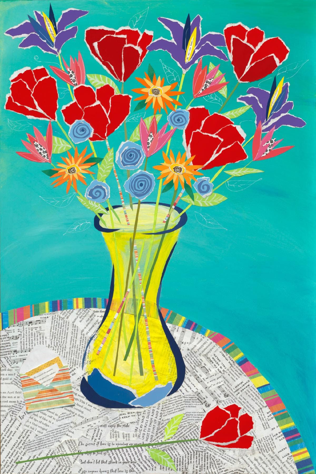 Secret of Love collage: red poppies, purple irises, and blue paper blooms in a yellow vase on turquoise, atop a newsprint table