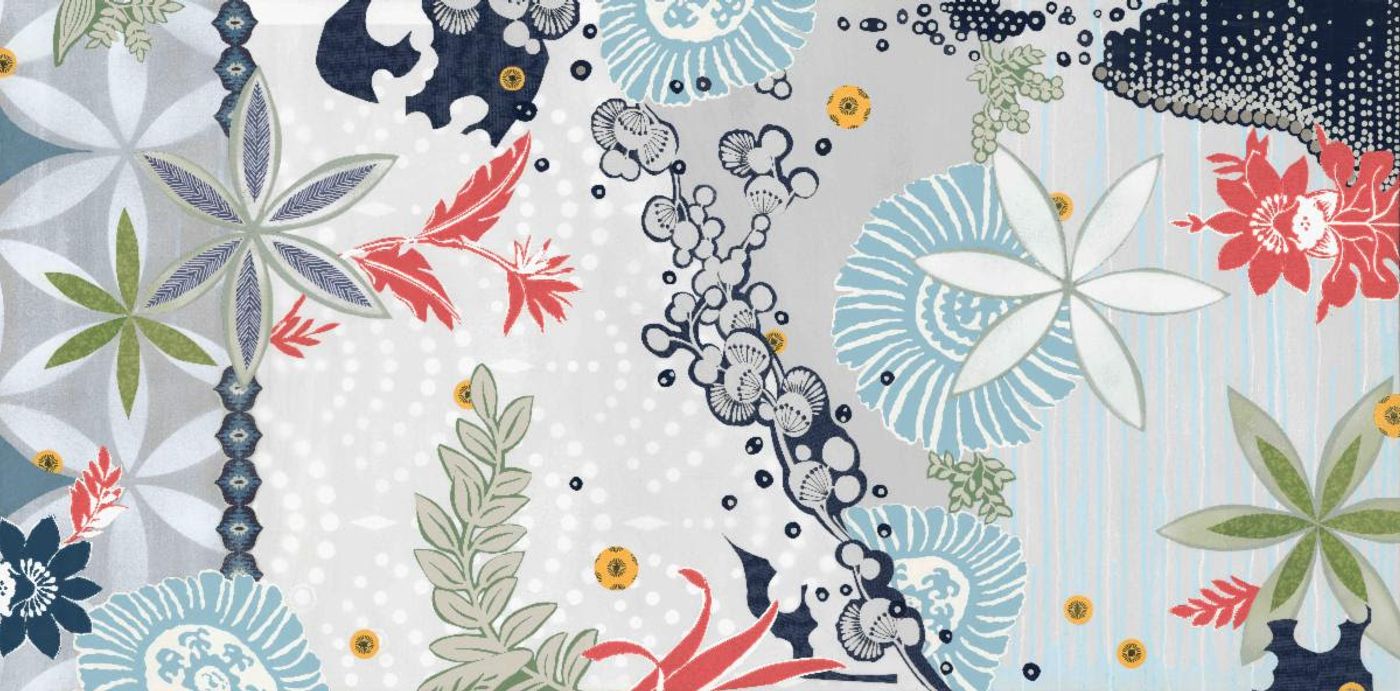 Where the Wild Things Are — wide collage of patterned paper flowers in slate blue, navy, olive and coral on a silvery ground