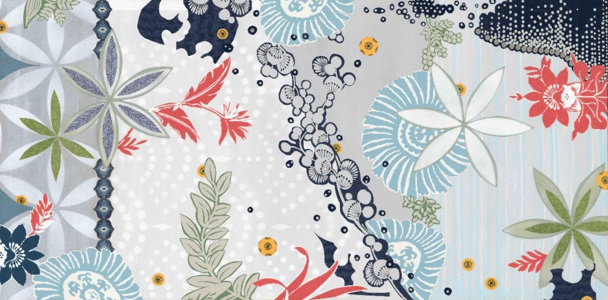 Where the Wild Things Are — wide collage of patterned paper flowers in slate blue, navy, olive and coral on a silvery ground